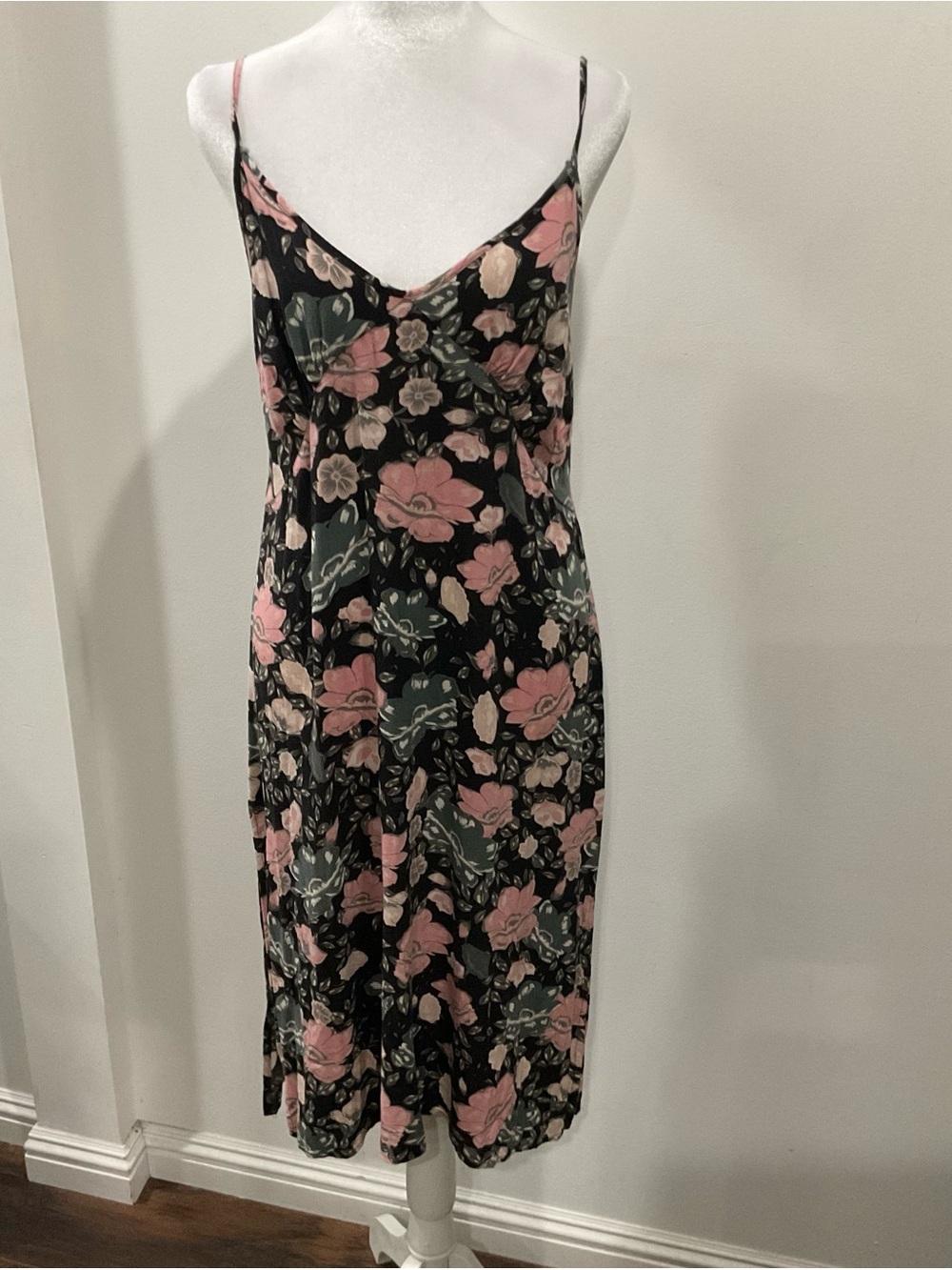 Spell & The Gypsy Black Floral Midi Slip Dress with side slits sz Med.
